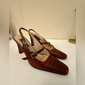 CAVALLINI Italy Brown Croc-Embossed Leather Slingback Heels Pumps Professional